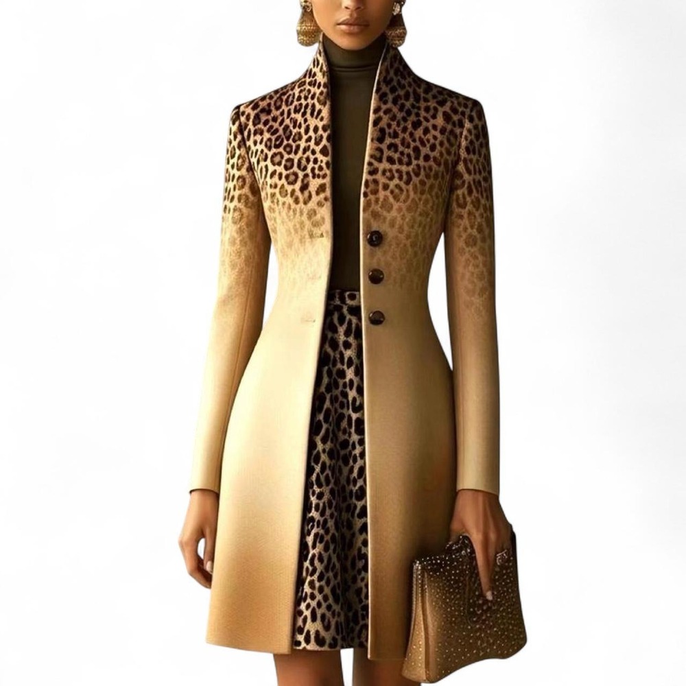 Women's Trendy Leopard Print Mid Length Stylish Trench Coat with Button Detail